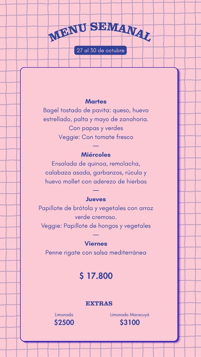 Placa del menú semanal del 27 al 30 de octubre